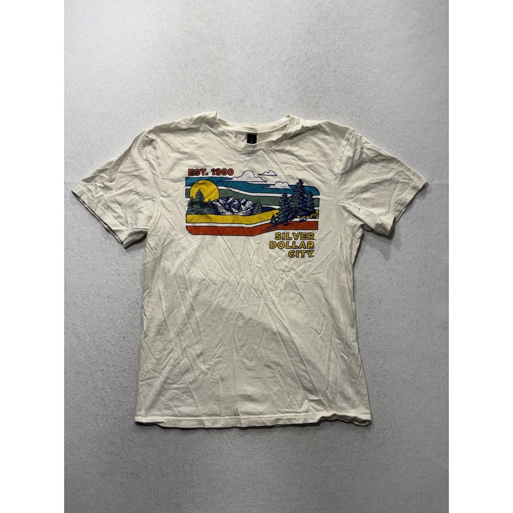 Gildan Softstyle Mens Medium White Silver Dollar City Graphic Tee Souvenir Retro